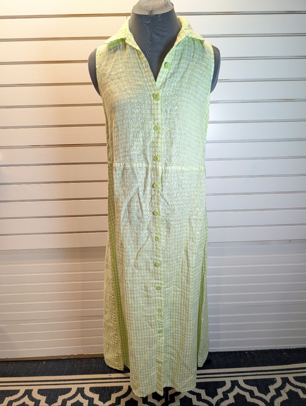 Flax Linen Green/White Gingham Sleeveless Button Front Midi Dress Small NWOT!